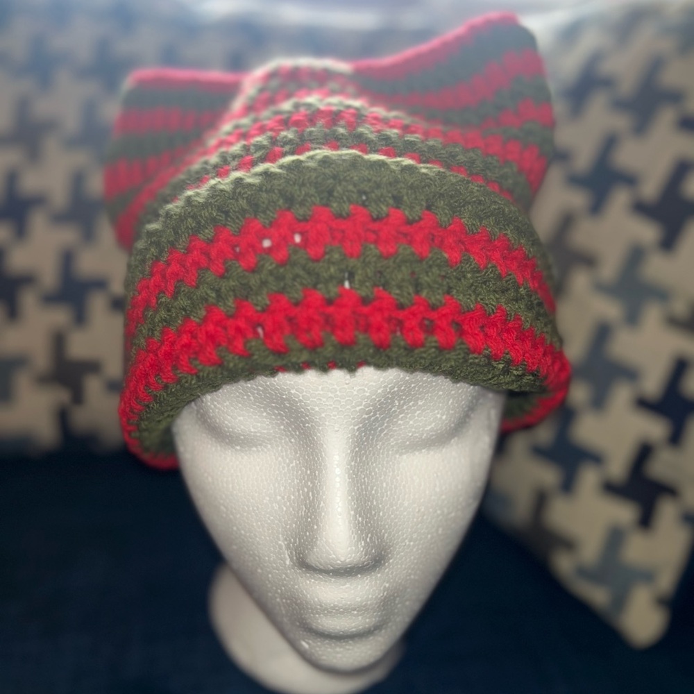 Striped Red and Green Knit Beanie